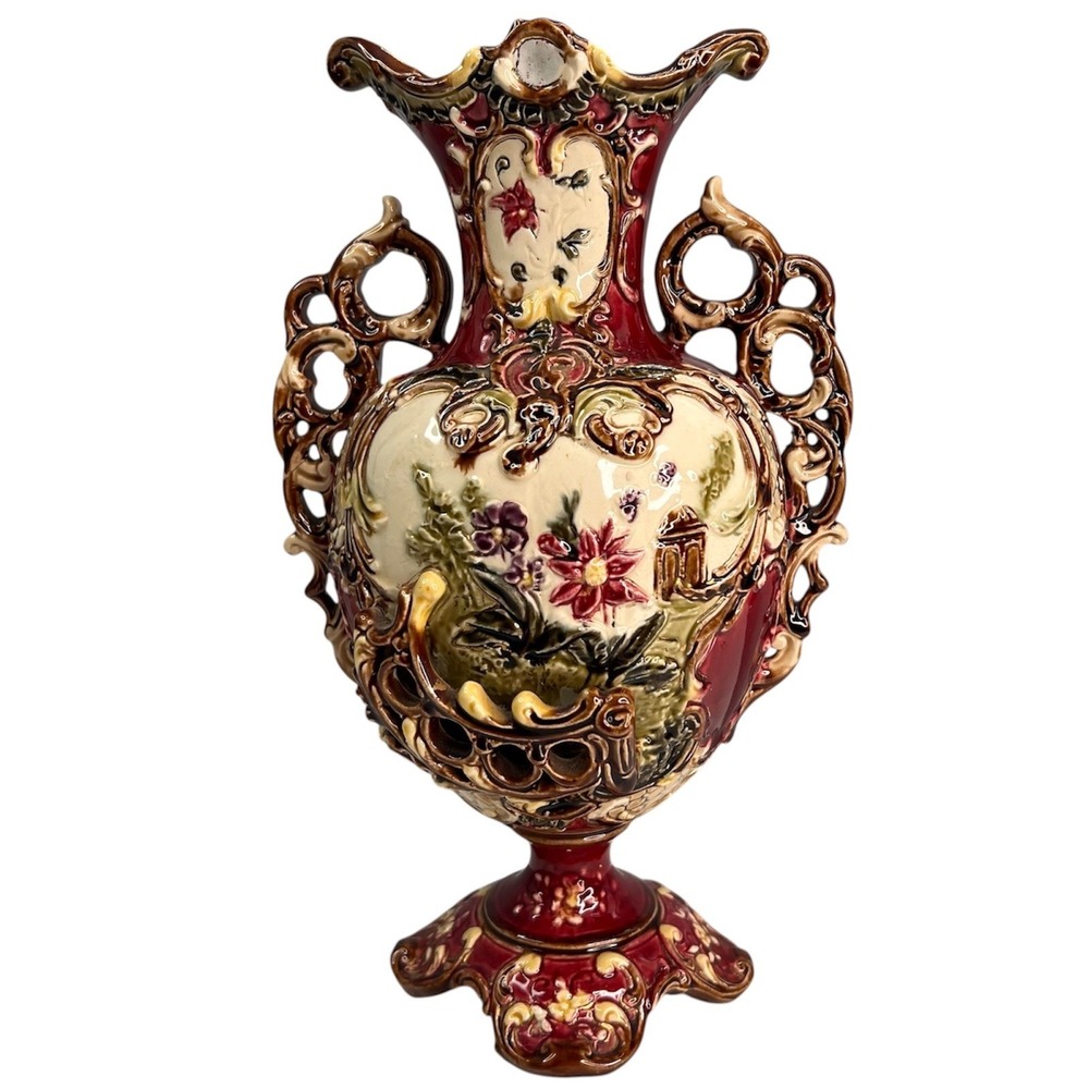 Vintage Majolica Style High Relief Floral Ceramic Vase Burgundy Cream 11 Inch